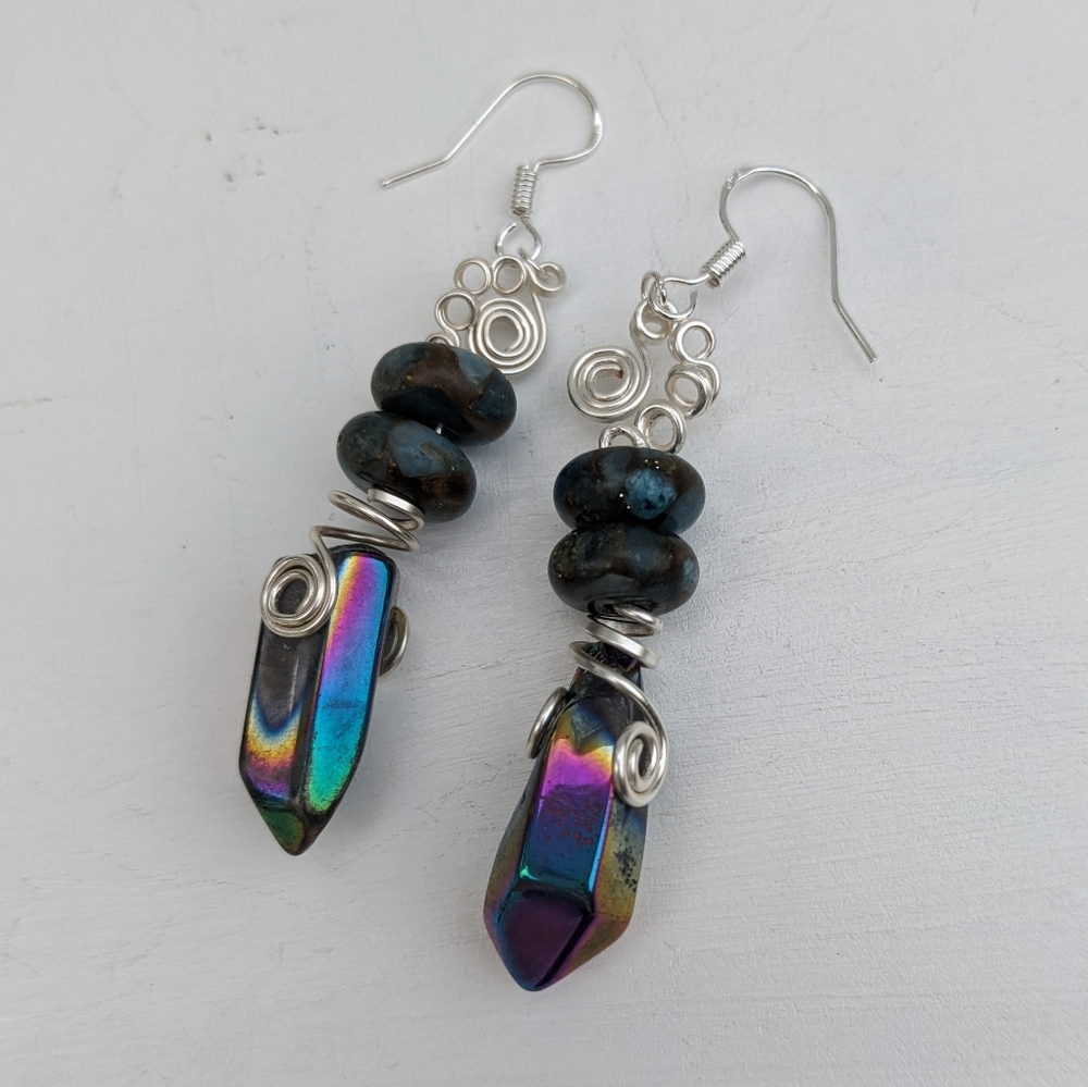 Quartz Crystals & Impression Jasper Silver Earrings Handmade Artisan Wrapped - Picture 1 of 10